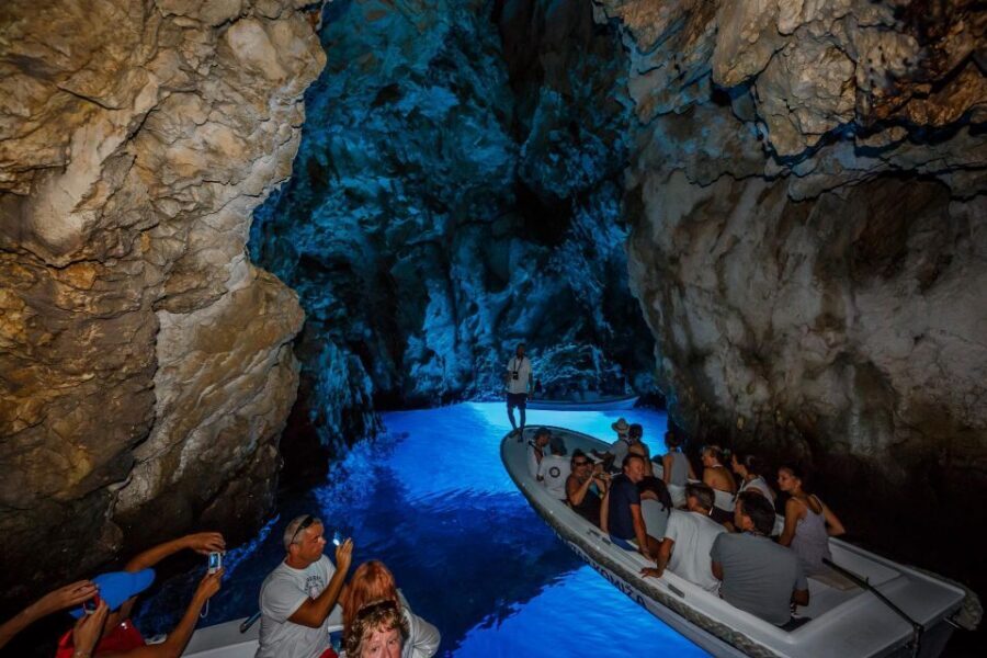 From Split: Blue Cave, Hvar, Mamma Mia, 5 Islands boat Tour - WWII bunkers and limestone photo stops: quick views, real context